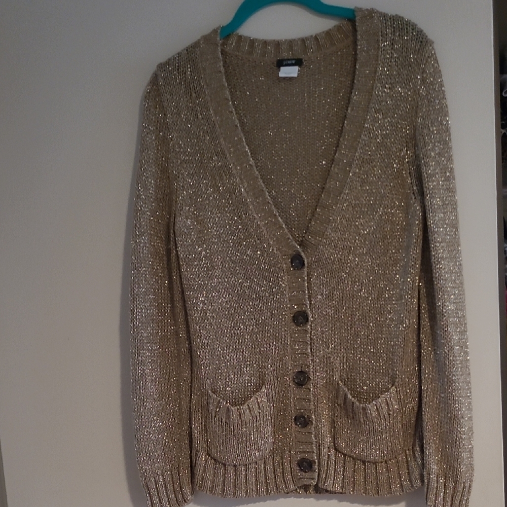 J. Crew Gold Cardigan Sweater V-Neck Ribbed Knit